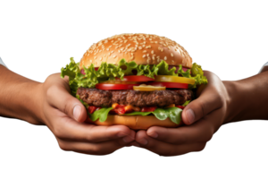 AI generated Hands holding hamburger on transparent background, png