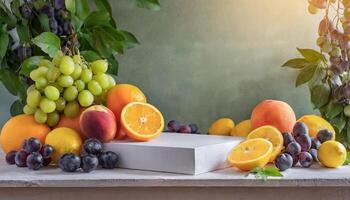 AI generated Mock up podium, a lot of citrus orange and lemon and peach and grape on background, morning light, mockup photo