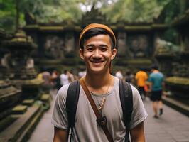 ai generado retrato de sonriente joven asiático turista en bali, Indonesia foto