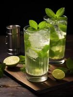 ai generado mojito cóctel con Lima, menta y hielo en de madera antecedentes foto