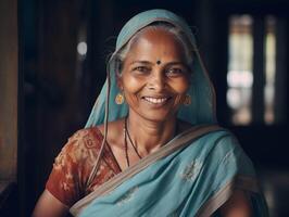 ai generado retrato de un sonriente indio mujer vistiendo sari a hogar. foto