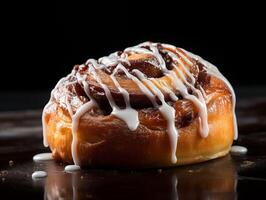 AI generated Sweet cinnamon roll with sugar glaze on a black background. Toned. photo