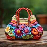 AI generated Knitted multi-colored bag with a pattern on a gray background photo
