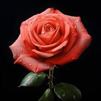 ai generado hermosa rojo Rosa con agua gotas en negro fondo, de cerca foto