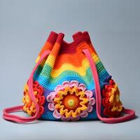 AI generated Knitted multi-colored bag with a pattern on a gray background photo