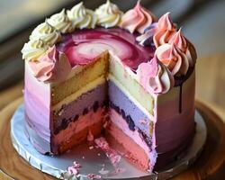 AI generated A piece of cake with pink and purple frosting on top. photo