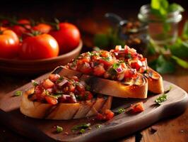 AI generated bruschetta with tomato, onion and basil on wooden background photo