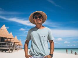 ai generado retrato de joven asiático hombre vistiendo Gafas de sol y sombrero en el playa foto