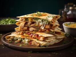 AI generated Mexican quesadilla with chicken, cheese and guacamole photo