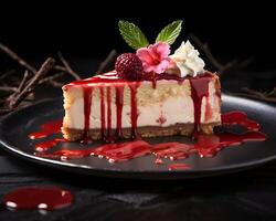 AI generated Cheesecake with fresh berries on rustic wooden background, selective focus photo