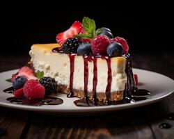 AI generated Cheesecake with fresh berries on rustic wooden background, selective focus photo