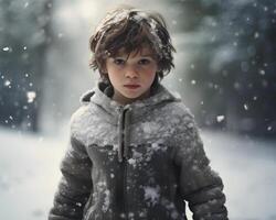 ai generado retrato de un linda pequeño chico en el nieve en invierno. foto