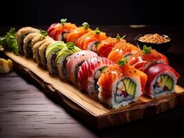 AI generated sushi set on a wooden background. toning. selective focus photo