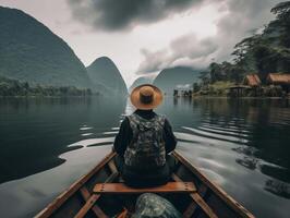 ai generado hombre en un barco en el lago con montaña fondo, foto