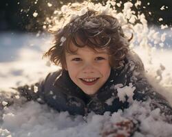 ai generado retrato de un linda pequeño chico en el nieve en invierno. foto