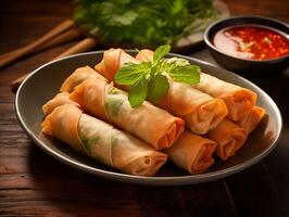 AI generated Spring rolls on a plate in a wooden table photo