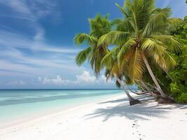 AI generated serene beach with coconut trees. background photo