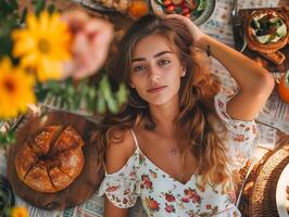 AI generated Beautiful young woman with long curly hair in a summer dress lies on a wooden table in the garden and eats bread. photo