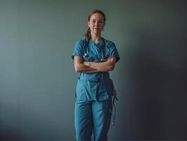 ai generado retrato de un hembra enfermero en pie con brazos cruzado en contra gris antecedentes foto