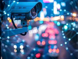 AI generated CCTV security camera or surveillance system on blurred traffic road with bokeh light background. photo