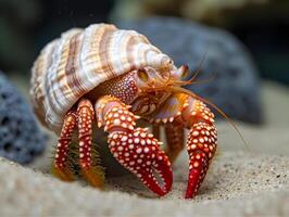 ai generado ermitaño cangrejo en el arena en el mar, de cerca foto