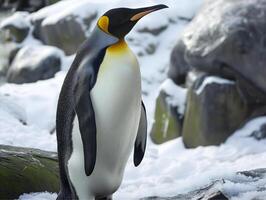 ai generado Rey pingüino en pie en un rock en el hielo en Antártida. foto