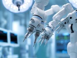 AI generated 3d rendering robot hand working in operating room at hospital or clinic photo