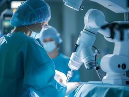 AI generated 3d rendering robot hand working in operating room at hospital or clinic photo