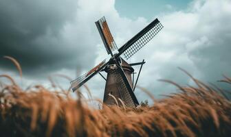 AI generated dutch windmill in the evening. serene background photo