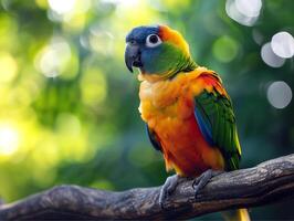 AI generated Colorful parrot sitting on a branch with bokeh background photo