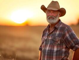 ai generado retrato de un mayor granjero en pie en un trigo campo a puesta de sol foto