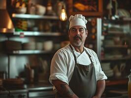 AI generated Portrait of a mature male chef in apron and cap standing in a cafe. photo