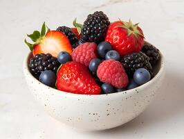 AI generated bowl with fresh berries on white marble background, closeup, vertical photo