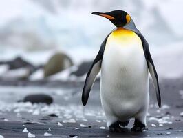 ai generado Rey pingüino en pie en un rock en el hielo en Antártida. foto