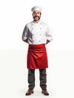 ai generado retrato de un mayor masculino cocinero en pie con manos en bolsillos en blanco antecedentes foto