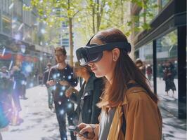 ai generado personas en virtual realidad auriculares mirando a teléfono inteligente mientras caminando en ciudad calle foto