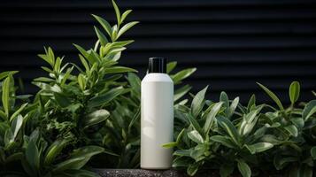 AI generated Natural Skincare Products Amidst Lush Green Foliage photo