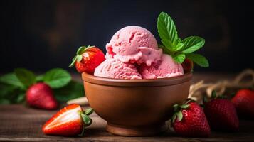 AI generated Strawberry Ice Cream Bowl With Mint photo