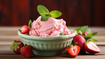 AI generated Strawberry Ice Cream Bowl With Mint photo