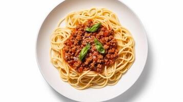 AI generated Spaghetti Bolognese with Fresh Basil Garnish photo