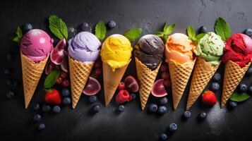 AI generated Various of ice cream flavor in cones, setup on dark stone background photo