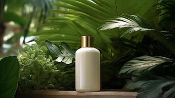 AI generated Natural Skincare Products Amidst Lush Green Foliage photo