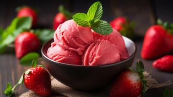 AI generated Strawberry Ice Cream Bowl With Mint photo