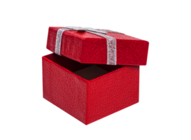aberto vermelho cor presente caixa com prata fita isolado em uma transparente fundo png