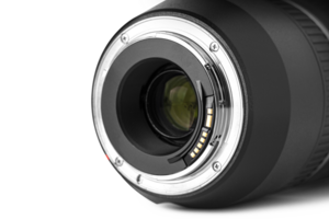 Backside of a dslr camera lens objective for professional photography with camera mount details in macro view png