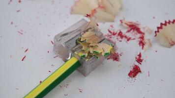 farbig Bleistifte oder Bleistifte und Anspitzer isoliert auf Weiß Hintergrund. rot hölzern Bleistift und Bleistift Rasuren auf Weiß Tisch. video