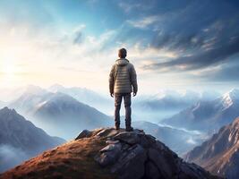 AI generated A man standing on top of a mountain looking at the sky . photo