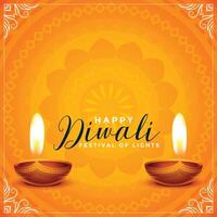 happy diwali orange background with realistic diya design vector