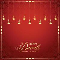 happy diwali red and golden decorative festival card design vector