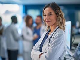 AI generated Portrait of smiling female doctor standing in front of medical team. photo